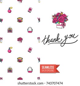 Greeting card for girls, women illustrated in magazine style. Seamless pattern background with fashion accessories patches, stickers for online shopping. Inscription: thank you. Vector template