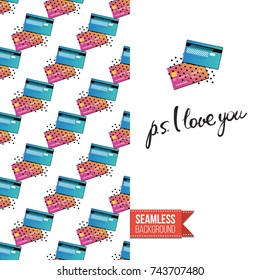 Greeting card for girls, women illustrated in magazine style. Seamless pattern background with fashion accessories patches, stickers for online shopping. Inscription: ps i love you. Vector template