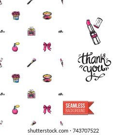 Greeting card for girls, women illustrated in magazine style. Seamless pattern background with fashion accessories patches, stickers for online shopping. Inscription: thank you. Vector template