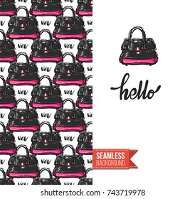 Greeting card for girls, women illustrated in magazine style. Seamless pattern background with fashion accessories patches, stickers for online shopping. Inscription: hello. Vector template