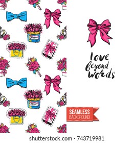 Greeting card for girls, women illustrated in magazine style. Seamless pattern background with fashion accessory patches, stickers for online shopping. Inscription: love beyond words. Vector template