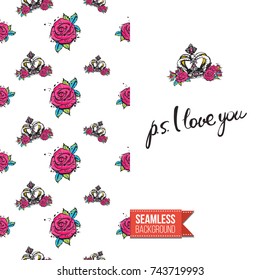 Greeting card for girls, women illustrated in magazine style. Seamless pattern background with fashion accessories patches, stickers for online shopping. Inscription: ps i love you. Vector template