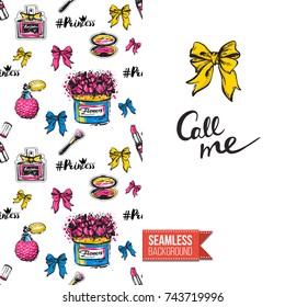 Greeting card for girls, women illustrated in magazine style. Seamless pattern background with fashion accessories patches, stickers for online shopping. Inscription: call me. Vector template
