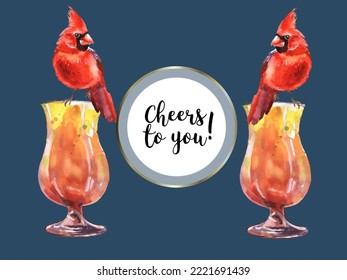 Greeting card with glass and birds. Cardinals are the symbol of Christmas. Can be used as a postcard, cover background or for a web message. Vector illustration in a watercolor style.