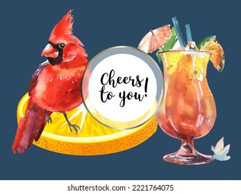 Greeting card with glass and birds. Cardinals are the symbol of Christmas. Can be used as a postcard, cover background or for a web message. Vector illustration in a watercolor style.