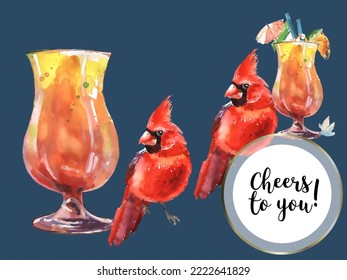Greeting card with glass and birds. Cardinals are the symbol of Christmas. Can be used as a postcard, cover background or for a web message. Vector illustration in a watercolor style.