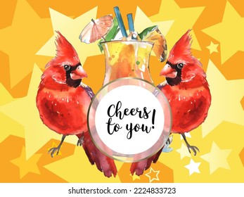 Greeting card with glass and birds. Cardinals are the symbol of Christmas. Can be used as a postcard, cover background or for a web message. Vector illustration in a watercolor style.
