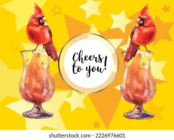 Greeting card with glass and birds. Cardinals are the symbol of Christmas. Can be used as a postcard, cover background or for a web message. Vector illustration in a watercolor style.
