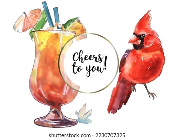 Greeting card with glass and birds. Cardinals are the symbol of Christmas. Can be used as a postcard, cover background or for a web message. Vector illustration in a watercolor style.
