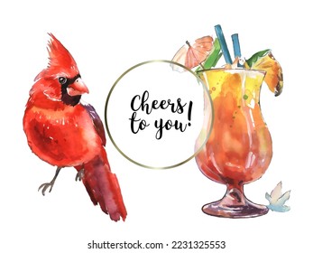 Greeting card with glass and birds. Cardinals are the symbol of Christmas. Can be used as a postcard, cover background or for a web message. Vector illustration in a watercolor style.