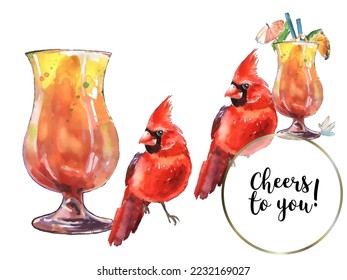 Greeting card with glass and birds. Cardinals are the symbol of Christmas. Can be used as a postcard, cover background or for a web message. Vector illustration in a watercolor style.