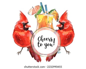 Greeting card with glass and birds. Cardinals are the symbol of Christmas. Can be used as a postcard, cover background or for a web message. Vector illustration in a watercolor style.