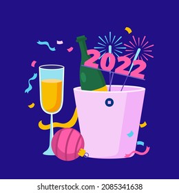 Greeting card with glass of champagne. Happy New Year concept. Vector illustration.