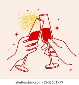 Greeting card with a glasses of wine and fireworks. Illustration of sparkling wine glasses with stars, vector. Cheers sparkling wine, celebration concept. Event, party, celebration.