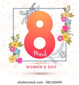 Tarjeta de saludo con texto brillante 8 de marzo y decoración de flores coloridas para la celebración del Día Internacional de la Mujer.