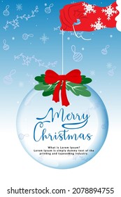 A greeting card with a gloved hand holding a Christmas toy. Ornament for Christmas tree with glass ball. Snowflakes. Flat vector illustration with the inscription Merry Christmas.