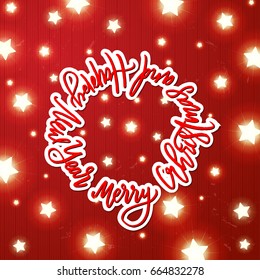 greeting card with Glowing star Lights and Hand drawn calligraphy. concept handwritten merry christmas and happy new year