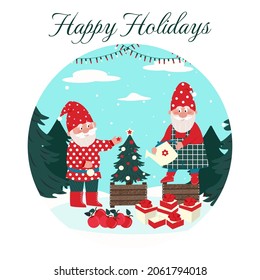 Greeting card.Two gnomes decorate a Christmas tree. Vector characters in flat style, cartoon.