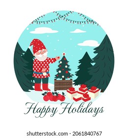 Greeting card.Two gnomes decorate a Christmas tree. Vector characters in flat style, cartoon.