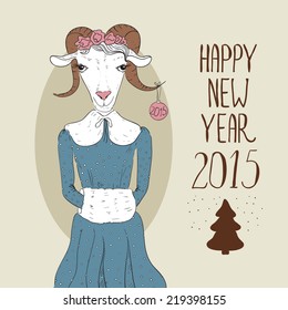 Greeting card with a goat. Happy New Year and Merry Christmas. Hipster. Vector background. 