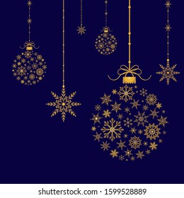 Greeting card with gold christmas ball made from snowflakes and snowflakes on dark blue background.New year them. Vector illustration