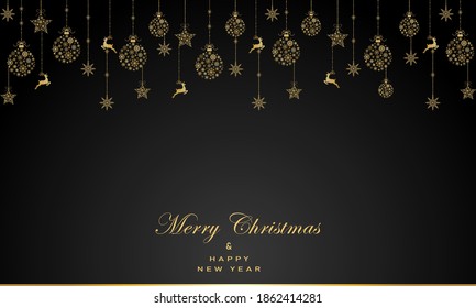 Greeting card with gold christmas ball made from snowflakes and dear  on black background.New year them. Vector illustration