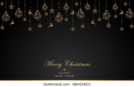 Greeting card with gold christmas ball made from snowflakes and dear  on black background.New year them. Vector illustration