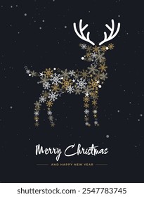 Greeting card with gold Christmas deer made of snowflakes on black background. Vector illustration. Gold holiday pattern