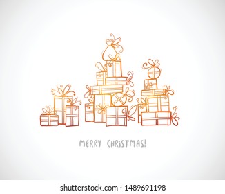 Greeting card with gold christmas gift boxes doodles on white background