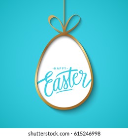 Greeting card with gold easter egg and handwritten holiday wishes of a Happy Easter on blue background. Vector illustration.