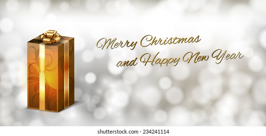 Greeting card with gold gift on the blurred winter background. Vector illustration.