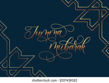 Greeting card with gold luxury brush calligraphy Jumma Mubarak. Jumma Mubarak means blessed Friday in Arabic. Vector illustration.