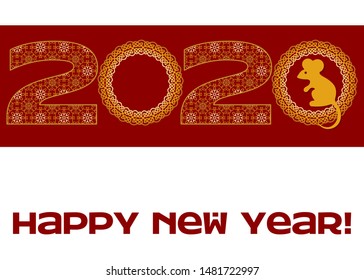 Greeting card with gold mouse, great design for any purposes. Abstract vector background. New year 2020. Floral graphic design.