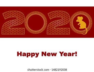 Greeting card with gold mouse, great design for any purposes. Abstract vector background. New year 2020. Floral graphic design.