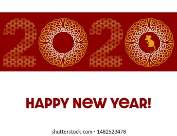 Greeting card with gold mouse, great design for any purposes. Abstract vector background. New year 2020. Floral graphic design.