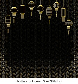 Greeting card with gold outline of lanterns and Japanese asanoha or hemp leaf pattern on black background. Design concept with decorative element for Chinese New Year.