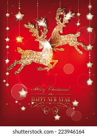 Greeting card with gold shiny deers and christmas decorations