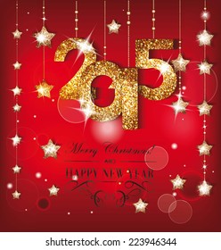 Greeting card with gold shiny numeric and christmas decorations