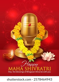 Greeting card with gold Shivling (Lingam) decorated with floral garland for Maha Shivratri, a Hindu festival celebrated of Lord Shiva. Vector illustration.