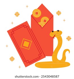 Tarjeta de felicitación con serpiente de oro, dinero y sobre rojo. Gran paquete rojo, regalo para el año Nuevo chino. Símbolo del zodiaco animal de 2025. Ilustración plana de Vector