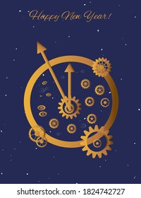 Greeting card with a gold watch on a blue background. Holiday, time and work relationship concept. New Year's clock is decorated with golden gears. Vector image