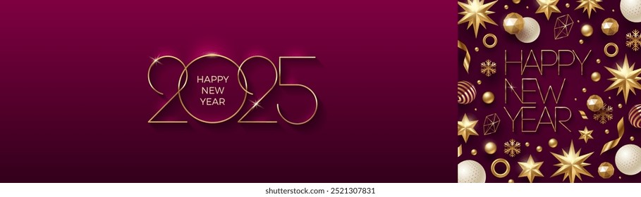 Tarjeta de felicitación con el logotipo dorado del Año Nuevo 2025. Signo de oro del año Nuevo, fondo con decoración de Navidades.  Diseño de Festiva para tarjeta de felicitación, invitación, cubierta, calendario, etc. Ilustración vectorial.