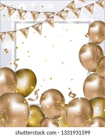 Greeting card with golden balloons on the blue background, frame and space for text. Party design decorations, lights, sparkles, serpentine, confetti, flag garlands. Vector background.