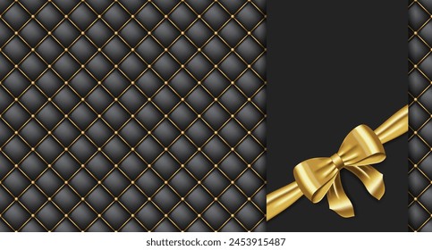 Greeting card with golden bow. Quilted background with bow. Realistic gold bow. Background or greeting card