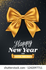 Greeting card with golden bow and  Seasonal wishes on glitter background. Happy New Year and Joyful Holidays vector text for Invitations, postcards and banners.