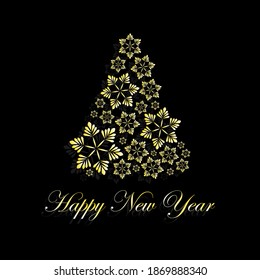 Greeting card. Golden Christmas tree made from snowflakes on a black background with a Happy New Year greeting. Vector illustration.