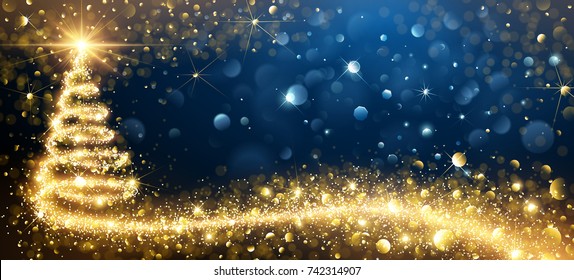 Greeting Card Golden Christmas Tree. Vector Illustration