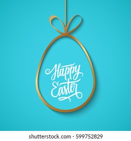 Greeting card with golden easter egg and handwritten wishes of a Happy Easter. Vector illustration.