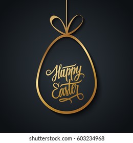 Greeting card with golden easter egg and handwritten wishes of a Happy Easter on black background. Vector illustration.