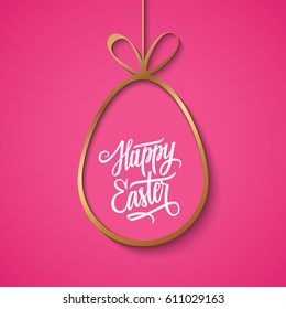 Greeting card with golden easter egg and handwritten holiday wishes of a Happy Easter. Vector illustration.